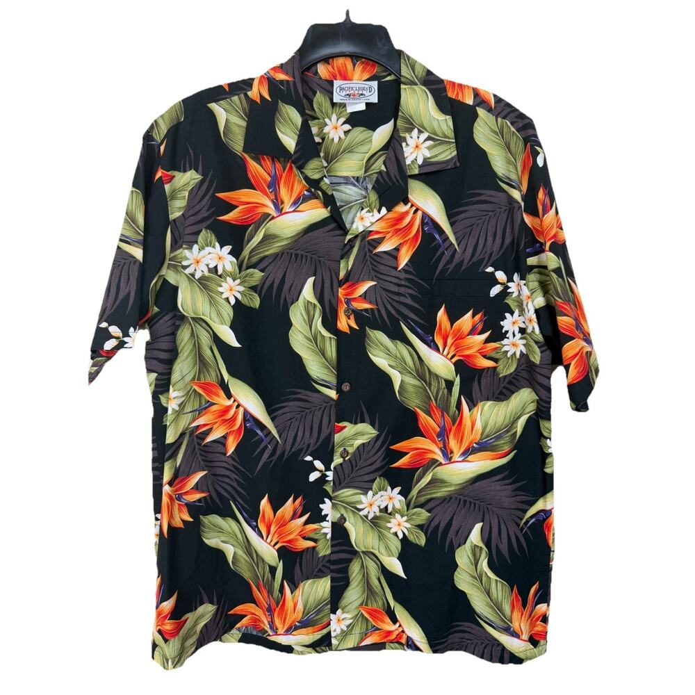 Pacific Legend‎ Men's Shirt L Bird of Paradise Plumeria Short Sleeve Tropical
